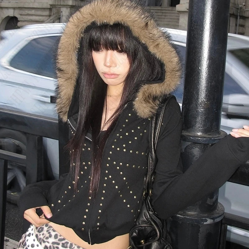 Millennial y2k vintage Spice girl slim slim waist pink zipper hooded hoodie jacket female autumn/winter design sense woolly hat