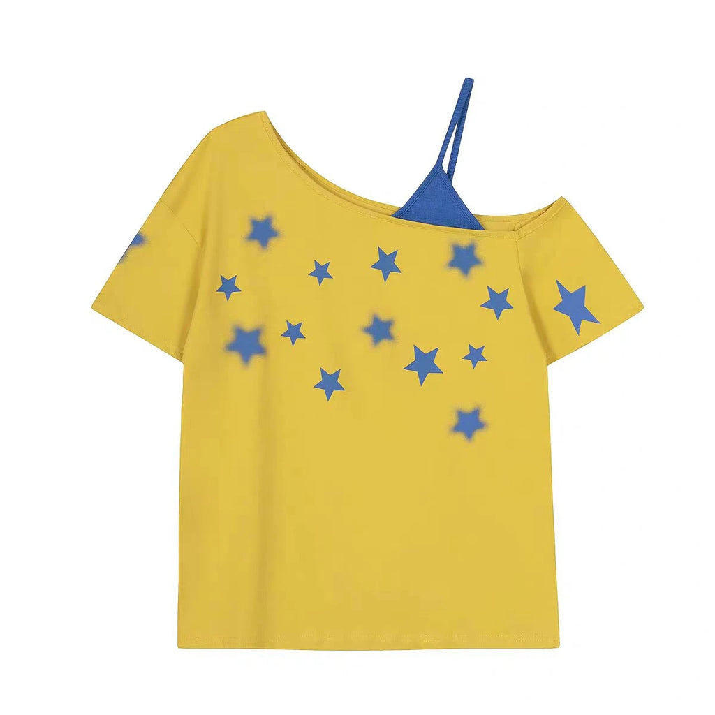 Erwofeina Yellow Patchwork Women's T-shirt Short Sleeve Summer Tops American Retro 2000s