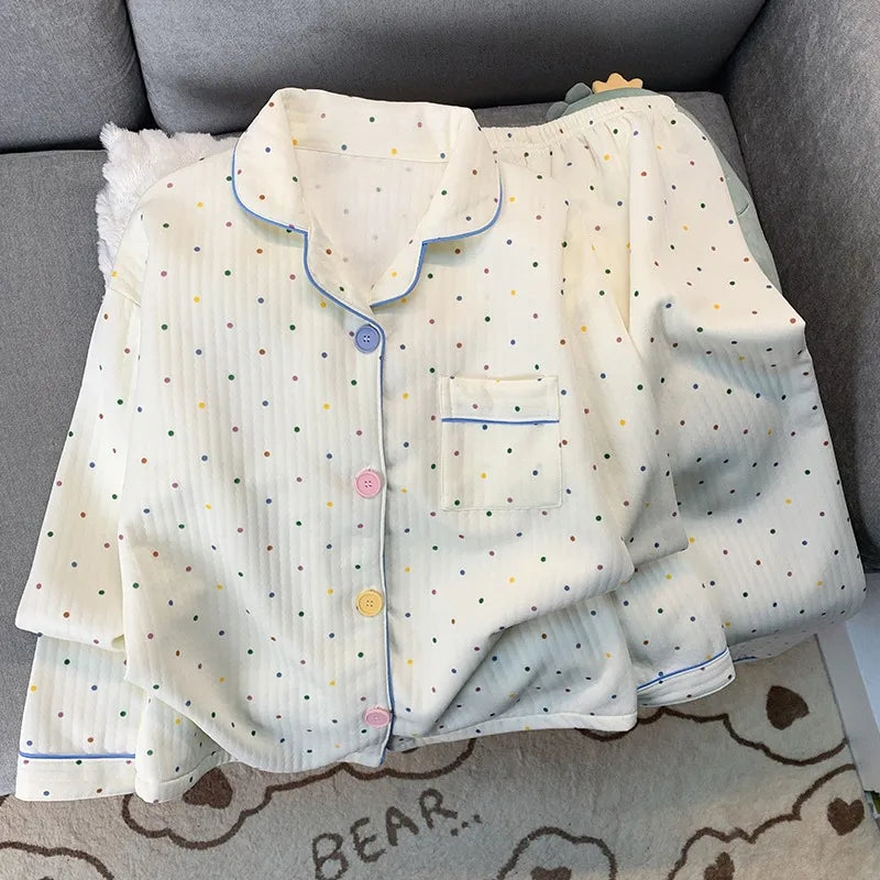 Y2K Korean Dot Pajamas Set – Cozy Lapel 2PC Homewear