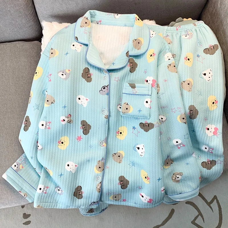 Y2K Korean Dot Pajamas Set – Cozy Lapel 2PC Homewear