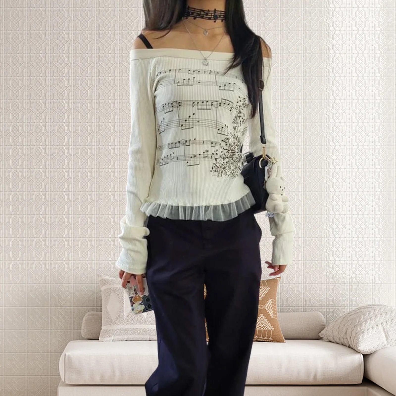 Women Y2K Graphic Long Sleeve Top Off Shoulder Music Score Tee Shirt Streetwear