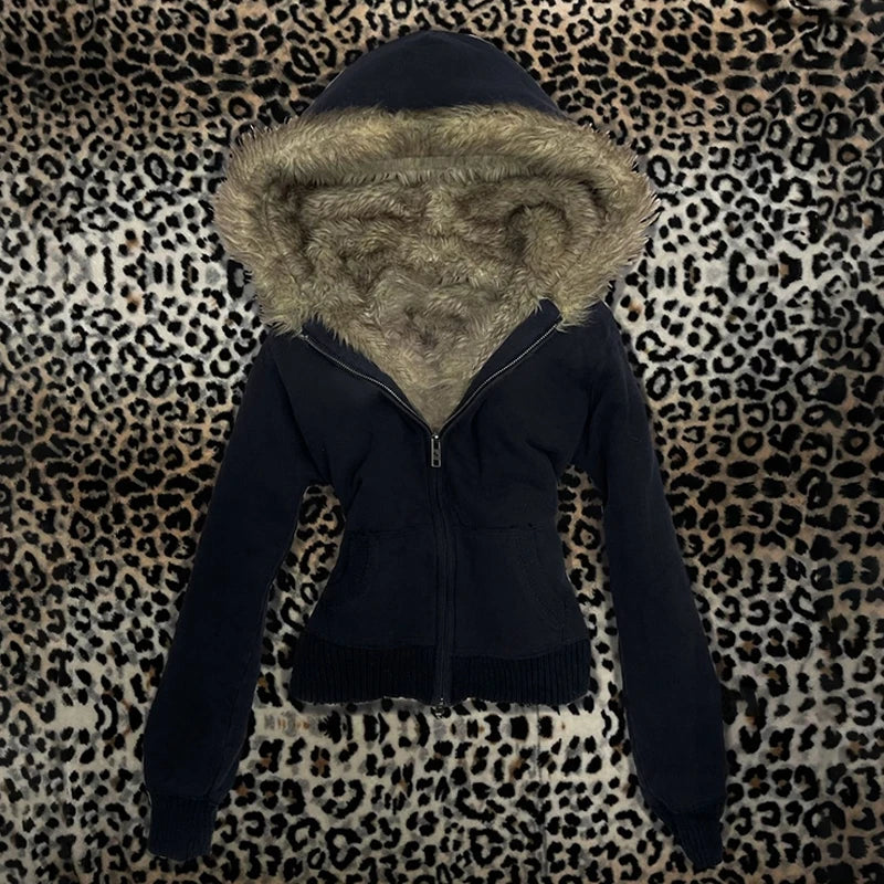 Y2K Harajuku Gothic Women's Hoodie Sexy Slim Chic Suede Fur Collar Letter Print Cardigan Sweatshirt Aesthetic Female Streetwear