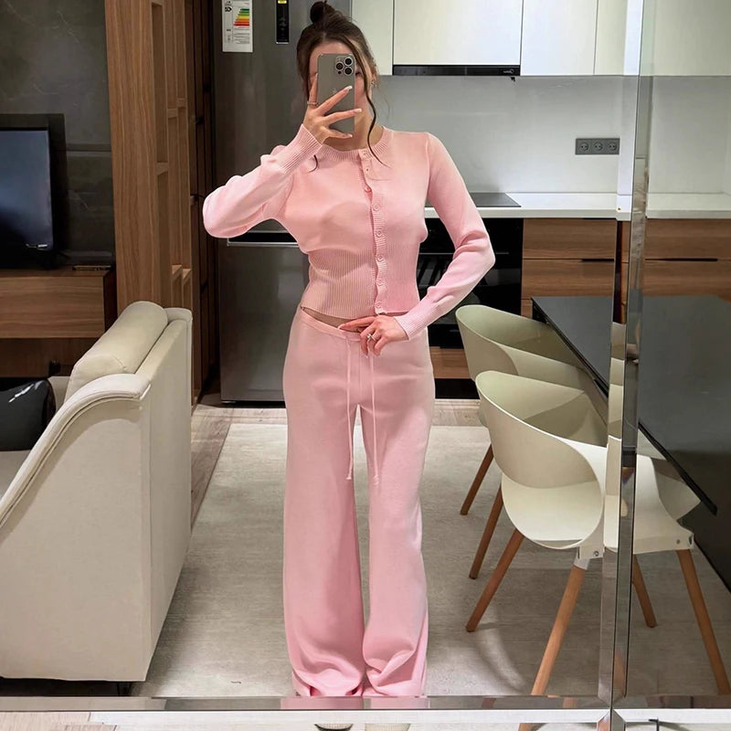 Tornova Y2K Knitted 2PC Set – Cozy Cardigan & Straight Trousers for Women