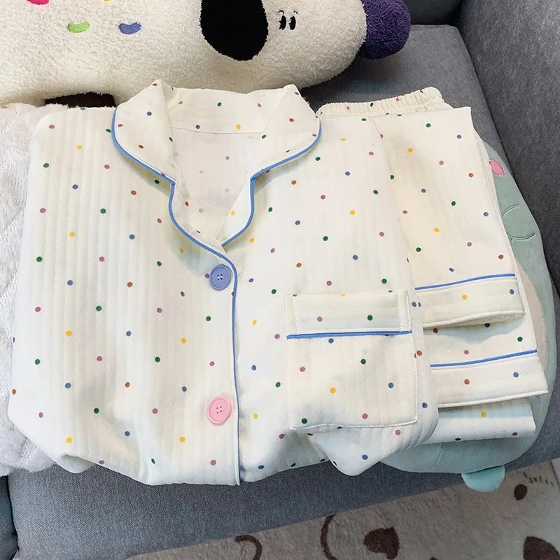 Y2K Korean Dot Pajamas Set – Cozy Lapel 2PC Homewear
