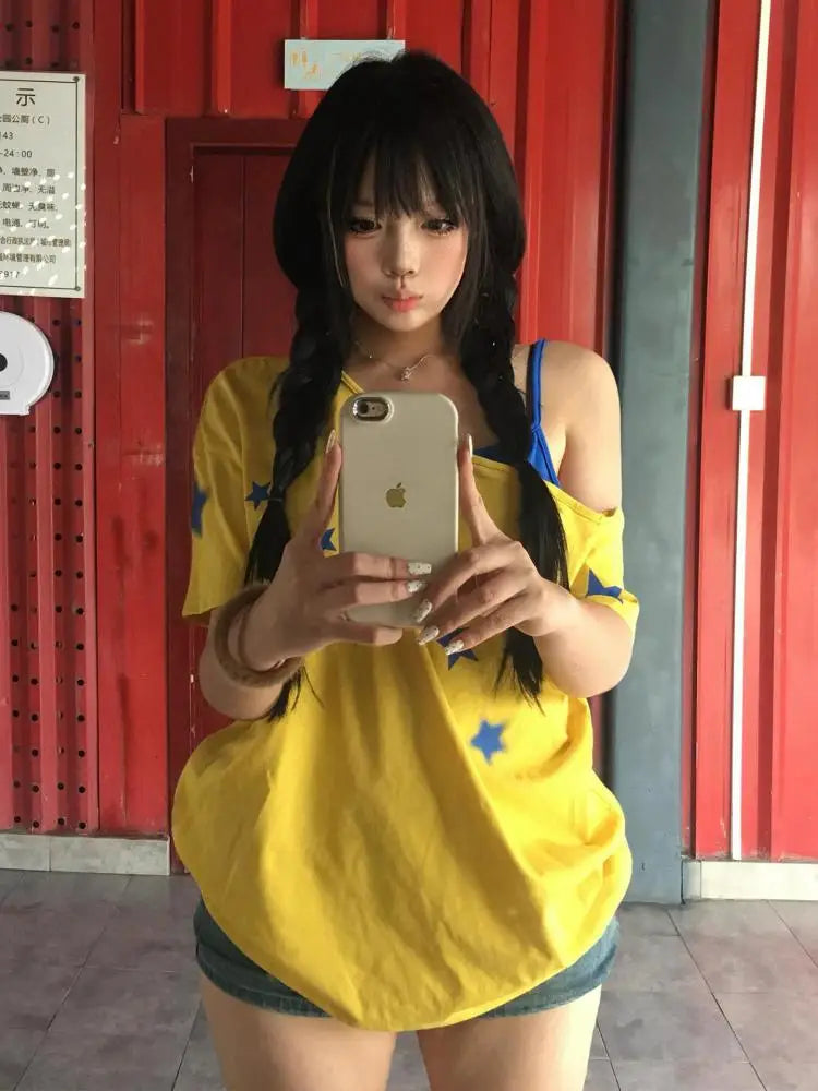 Erwofeina Yellow Patchwork Women's T-shirt Short Sleeve Summer Tops American Retro 2000s