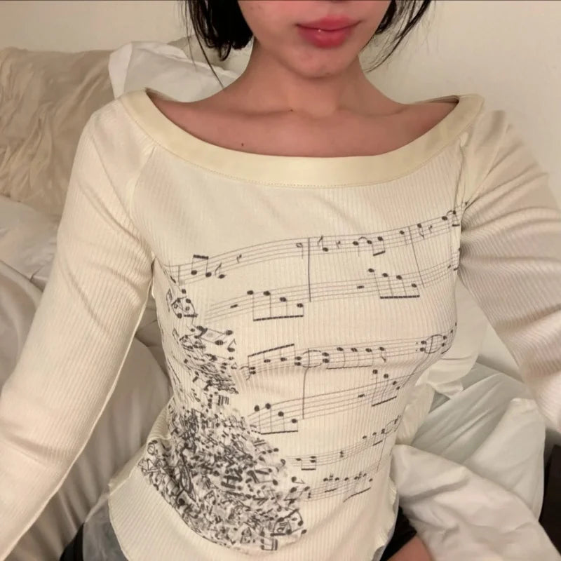 Women Y2K Graphic Long Sleeve Top Off Shoulder Music Score Tee Shirt Streetwear