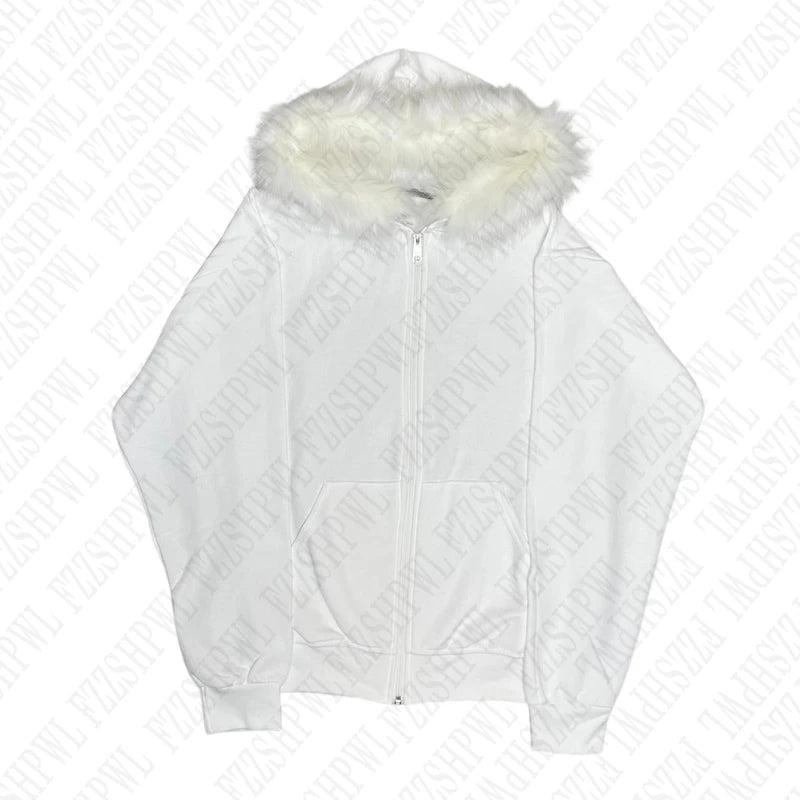 Y2K Retro loose fur collar zipper cardigan gray hooded sweatshirt for women autumn printed casual design slim daily thick coat