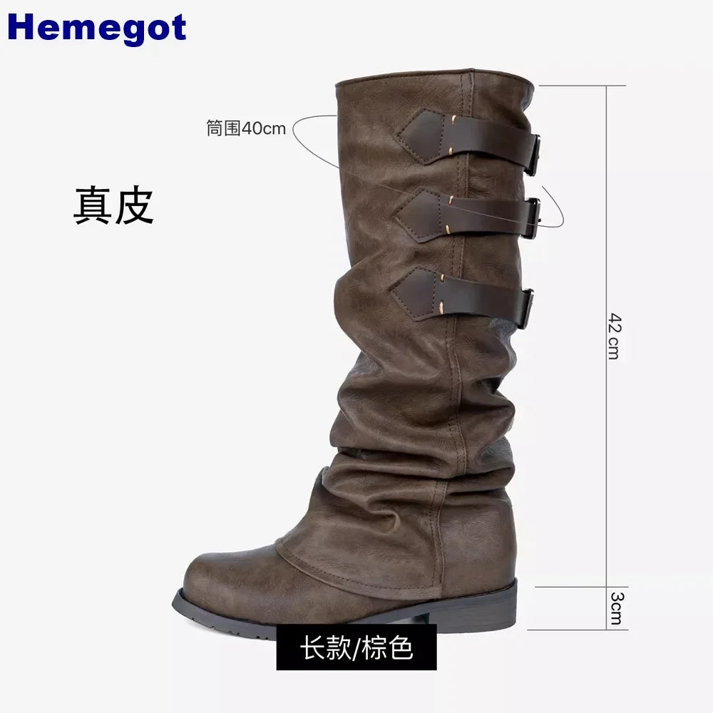 Genuine Leather Round Women's Boots 2024 Street Belt Buckle Solid Color Fashion Casual Trouser Boots Pleated Retro Mid-Calf Boot