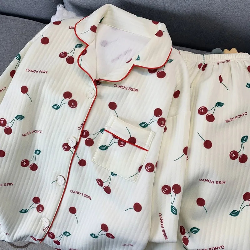 Y2K Korean Dot Pajamas Set – Cozy Lapel 2PC Homewear