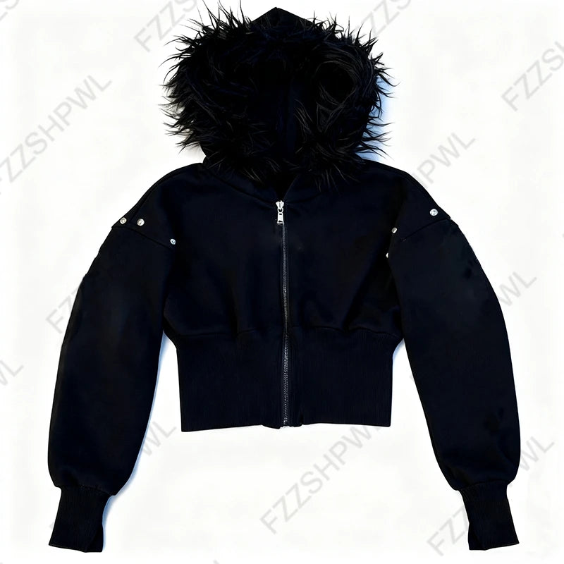 Y2K Harajuku Gothic Women's Hoodie Sexy Slim Chic Suede Fur Collar Letter Print Cardigan Sweatshirt Aesthetic Female Streetwear