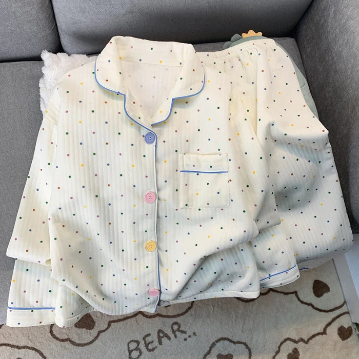 Y2K Korean Dot Pajamas Set – Cozy Lapel 2PC Homewear