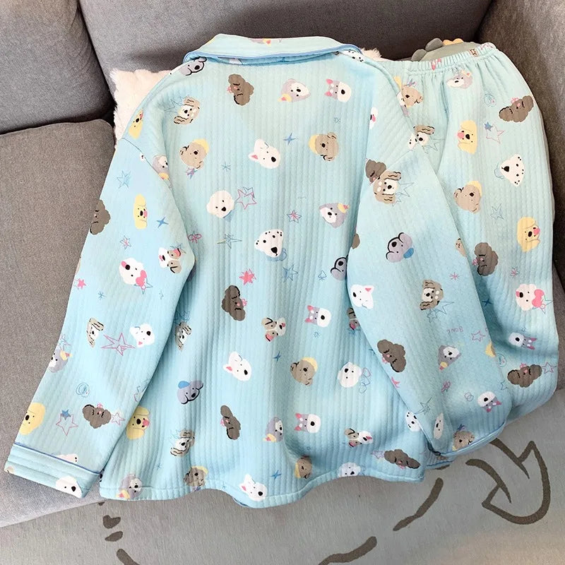 Y2K Korean Dot Pajamas Set – Cozy Lapel 2PC Homewear