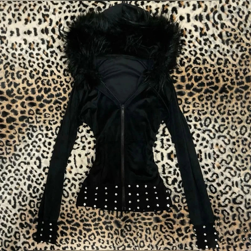 Y2K Harajuku Gothic Women's Hoodie Sexy Slim Chic Suede Fur Collar Letter Print Cardigan Sweatshirt Aesthetic Female Streetwear