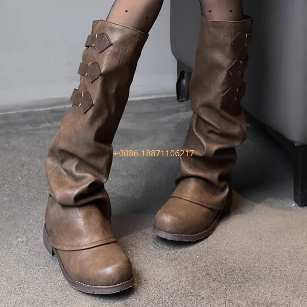 Genuine Leather Round Women's Boots 2024 Street Belt Buckle Solid Color Fashion Casual Trouser Boots Pleated Retro Mid-Calf Boot