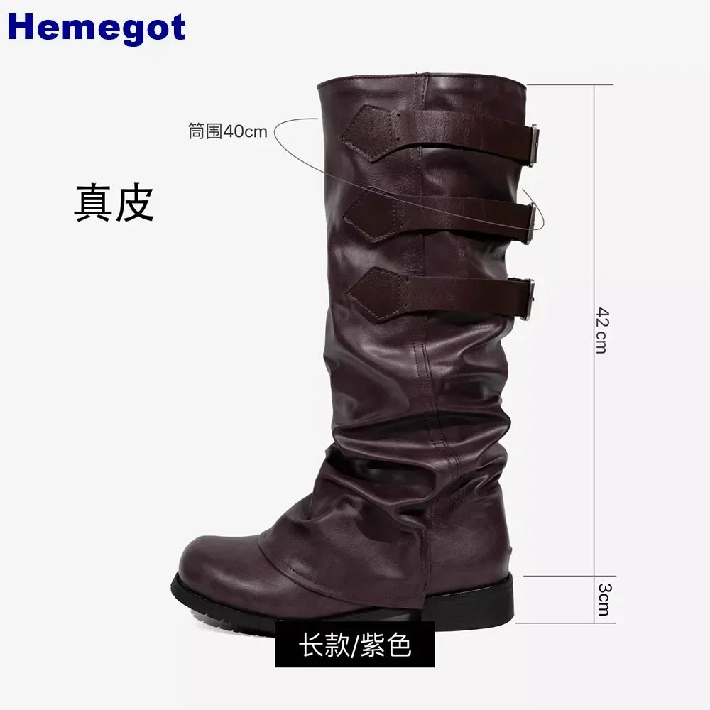 Genuine Leather Round Women's Boots 2024 Street Belt Buckle Solid Color Fashion Casual Trouser Boots Pleated Retro Mid-Calf Boot