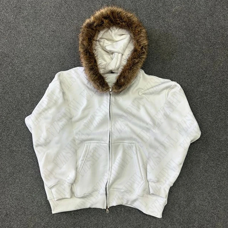 Y2K Retro loose fur collar zipper cardigan gray hooded sweatshirt for women autumn printed casual design slim daily thick coat