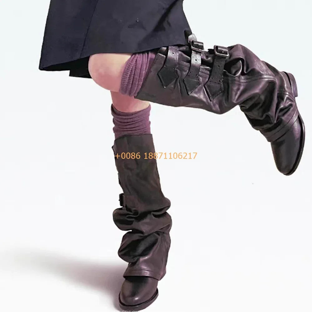 Genuine Leather Round Women's Boots 2024 Street Belt Buckle Solid Color Fashion Casual Trouser Boots Pleated Retro Mid-Calf Boot