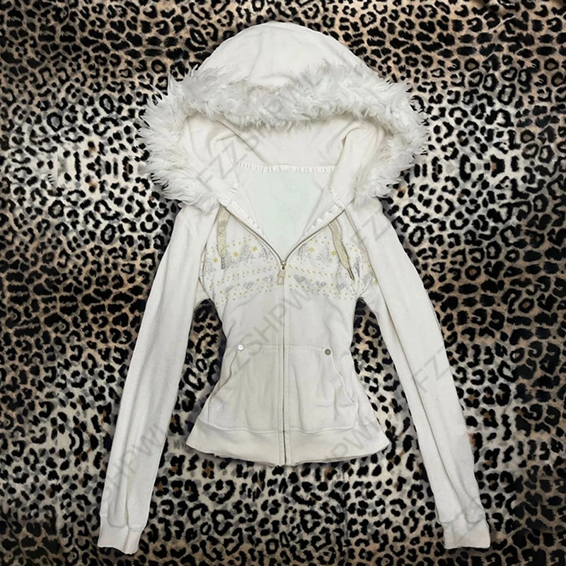 Y2K Harajuku Gothic Women's Hoodie Sexy Slim Chic Suede Fur Collar Letter Print Cardigan Sweatshirt Aesthetic Female Streetwear