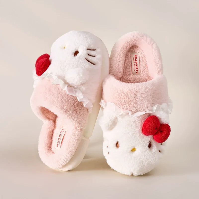 Kawaii Hello Kitty Plush Slippers – Cozy Cartoon Indoor Home Shoes for Women