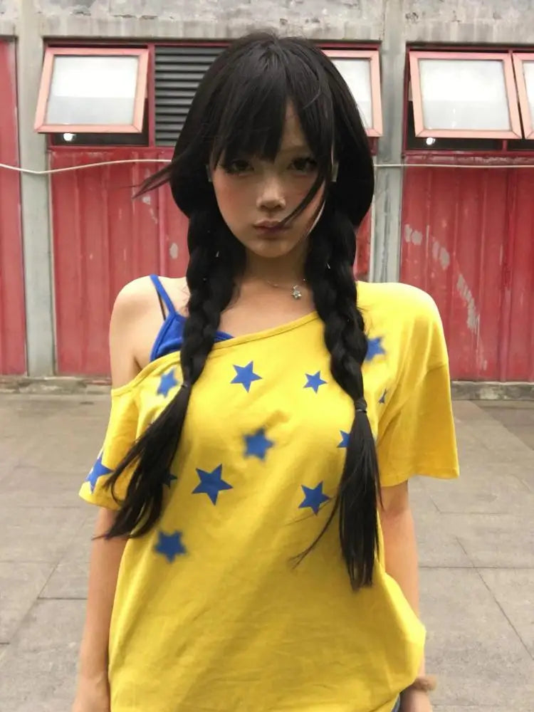 Erwofeina Yellow Patchwork Women's T-shirt Short Sleeve Summer Tops American Retro 2000s