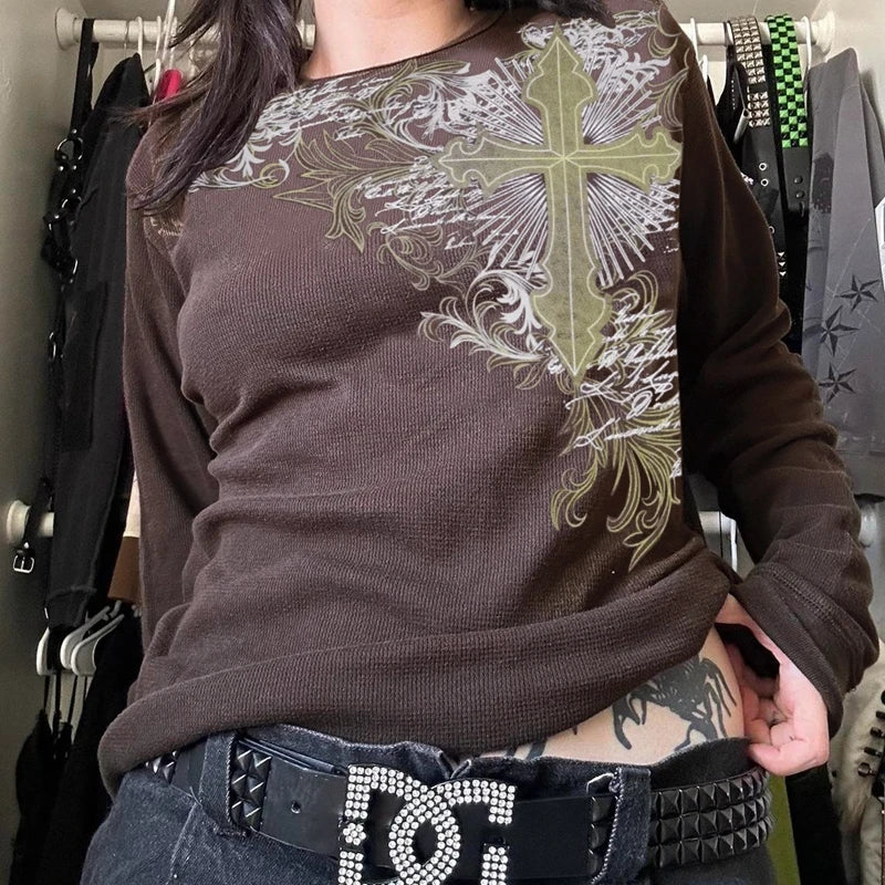 Y2K Grunge Cyber Mall Goth Thermal T-shirt Skulls Graphic Print Long Sleeve Pullovers Tops Women 90s Vintage Aesthetic Tees