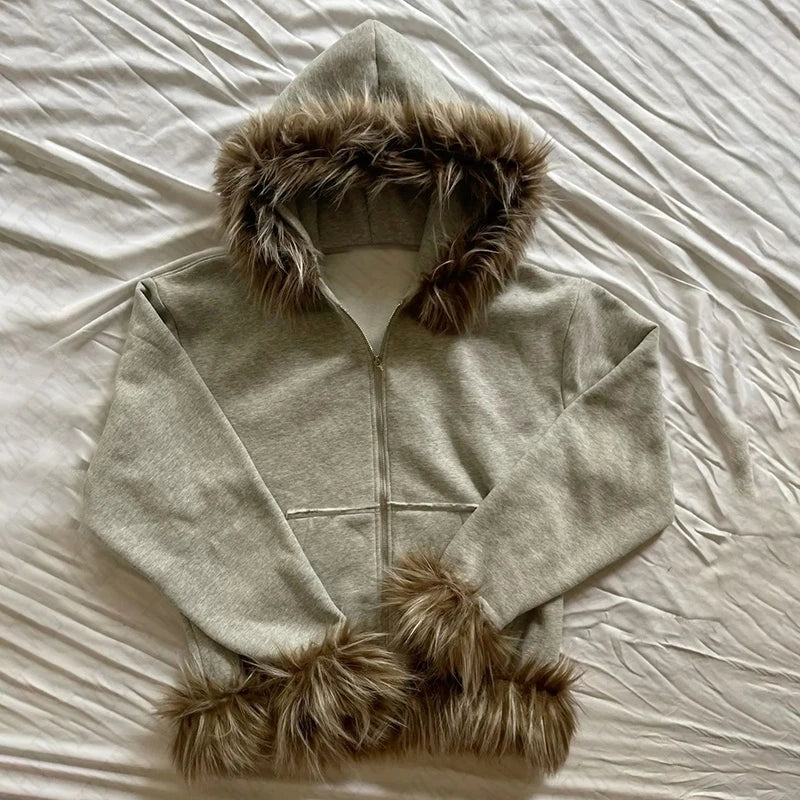 Y2K Retro loose fur collar zipper cardigan gray hooded sweatshirt for women autumn printed casual design slim daily thick coat