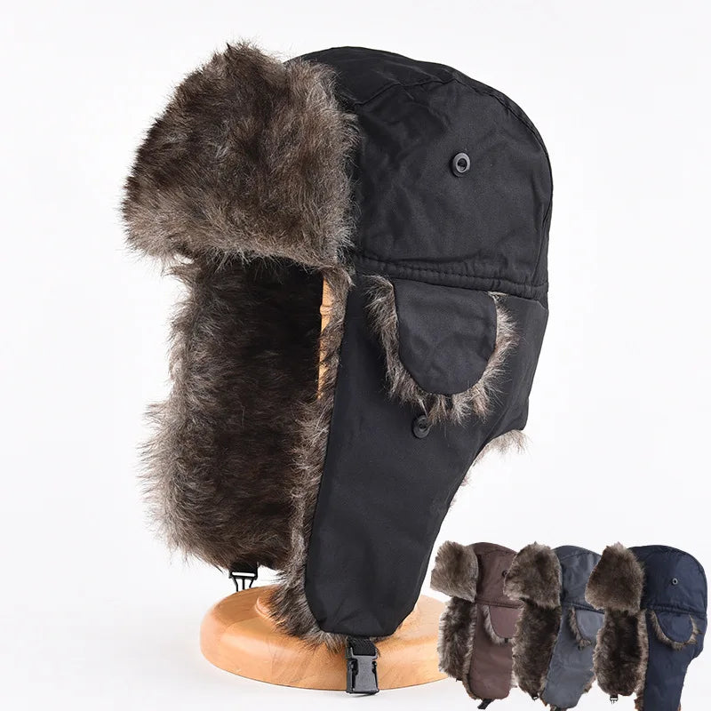 Men's Winter Trapper Aviator Trooper Earflap Warm Russian Waterproof Ski Hat Bomber Cap Russian Warm Ear Protectors Hats