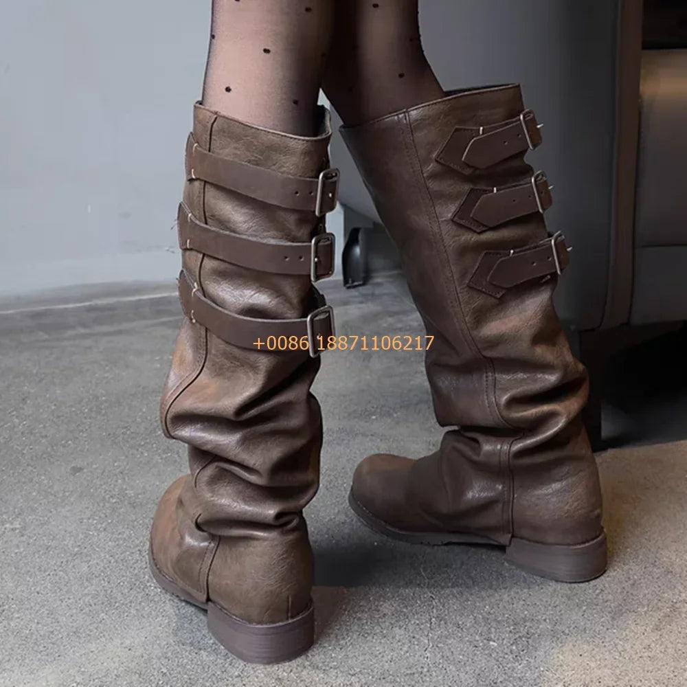 Genuine Leather Round Women's Boots 2024 Street Belt Buckle Solid Color Fashion Casual Trouser Boots Pleated Retro Mid-Calf Boot