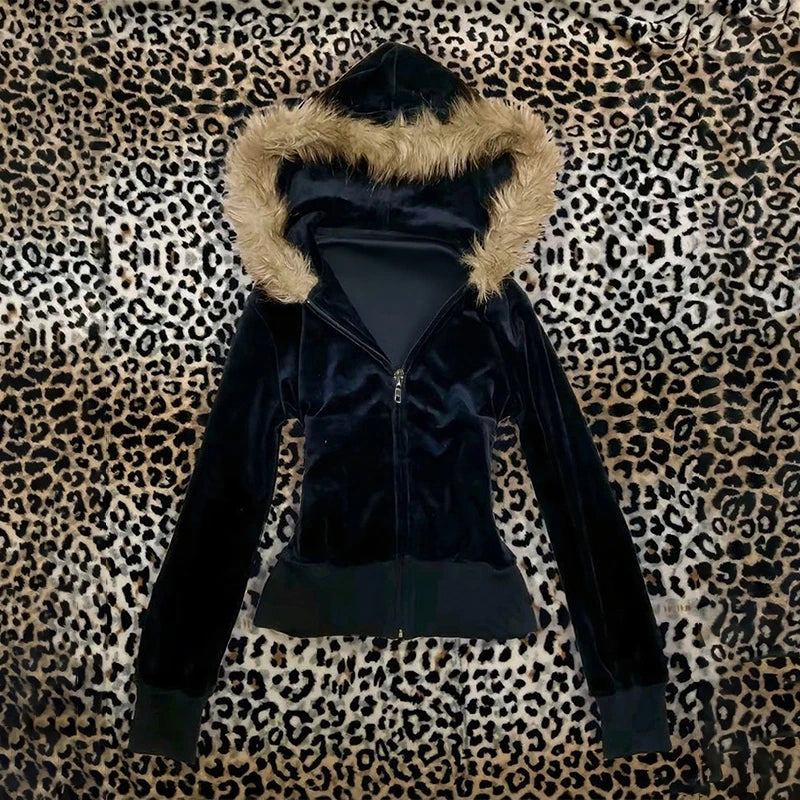 Y2K Harajuku Gothic Women's Hoodie Sexy Slim Chic Suede Fur Collar Letter Print Cardigan Sweatshirt Aesthetic Female Streetwear