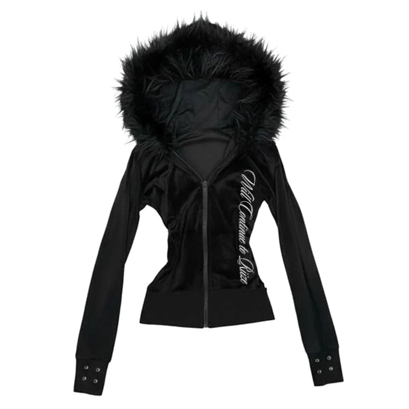 Y2K Harajuku Gothic Women's Hoodie Sexy Slim Chic Suede Fur Collar Letter Print Cardigan Sweatshirt Aesthetic Female Streetwear