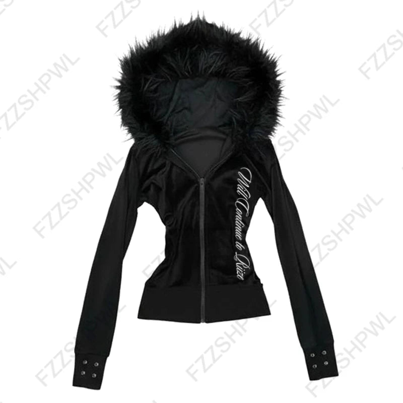 Y2K Harajuku Gothic Women's Hoodie Sexy Slim Chic Suede Fur Collar Letter Print Cardigan Sweatshirt Aesthetic Female Streetwear