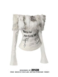 Y2K Luxury Fur Graphic Long Sleeve Tee – Off-Shoulder 2000s Vintage Top for Women