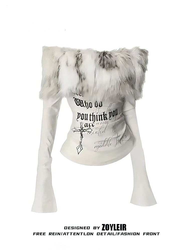 Y2K Luxury Fur Graphic Long Sleeve Tee – Off-Shoulder 2000s Vintage Top for Women