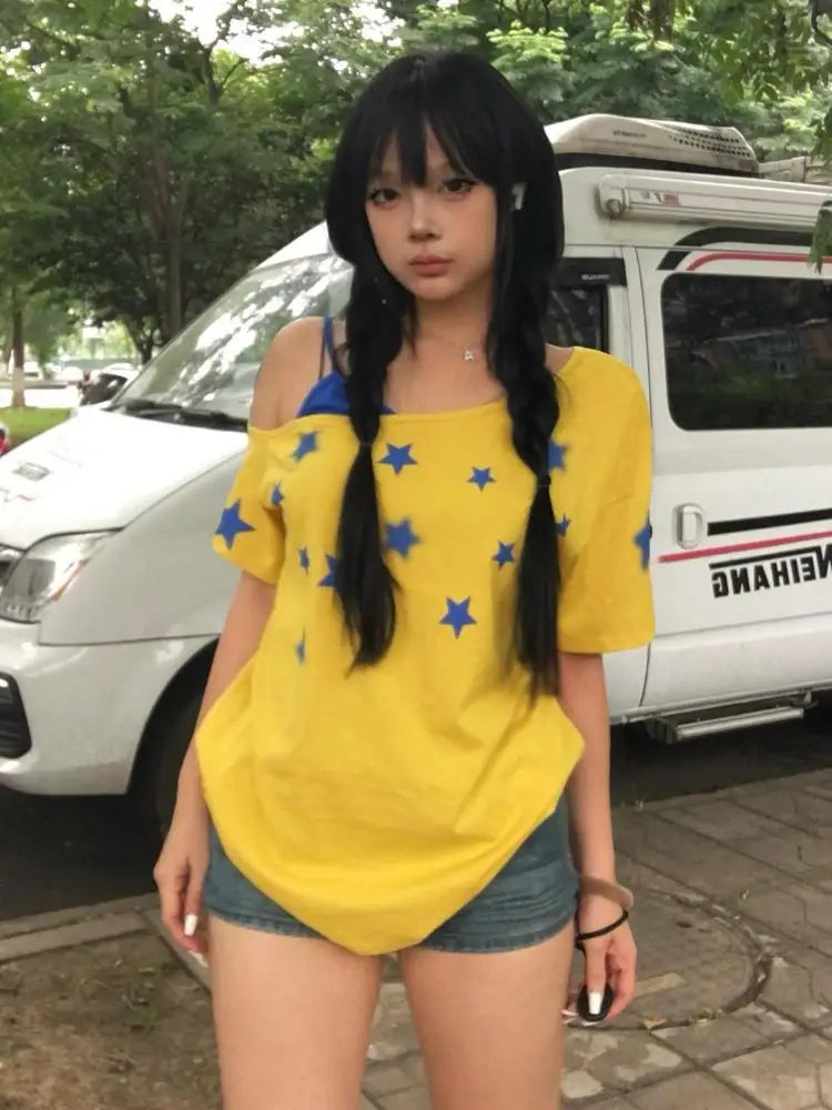 Erwofeina Yellow Patchwork Women's T-shirt Short Sleeve Summer Tops American Retro 2000s