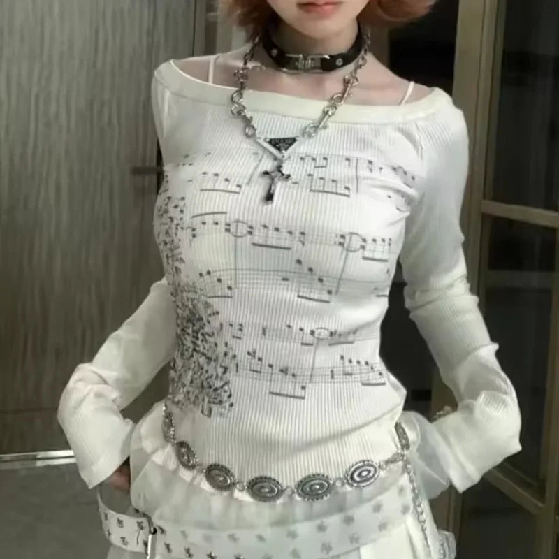 Women Y2K Graphic Long Sleeve Top Off Shoulder Music Score Tee Shirt Streetwear