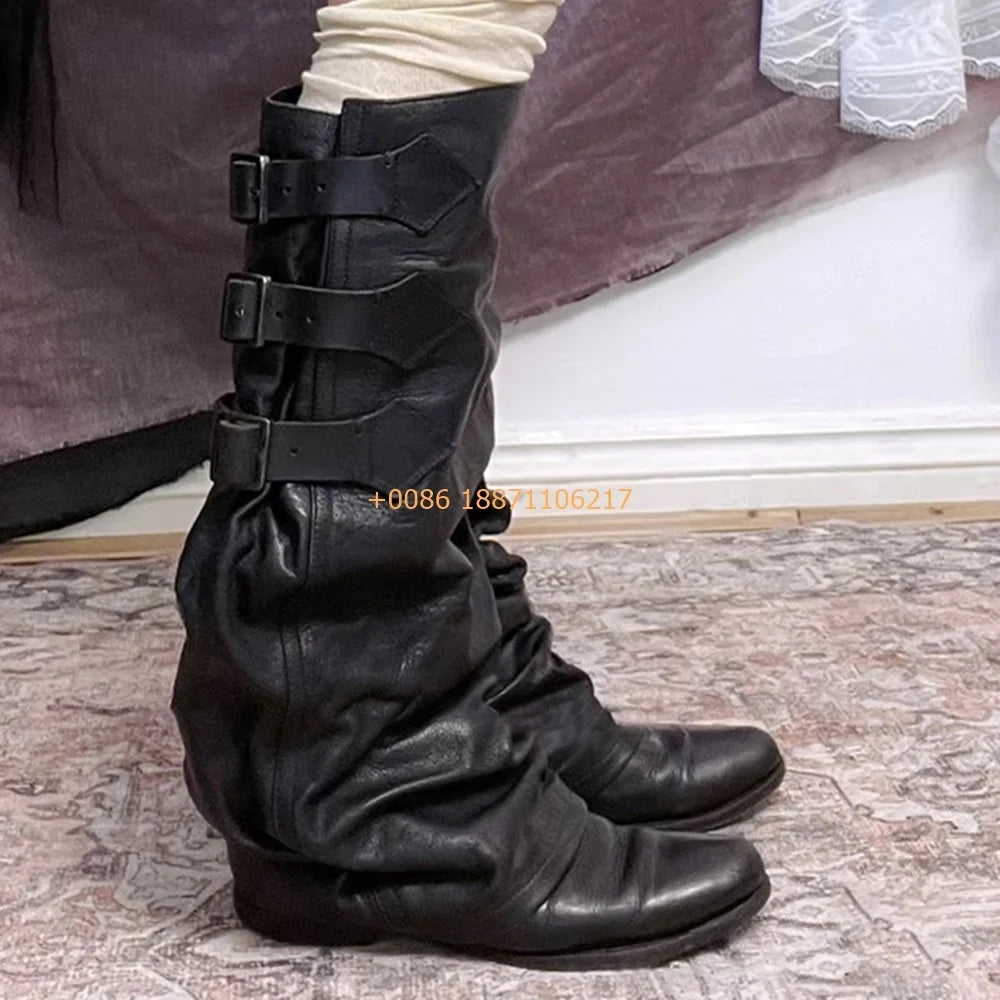 Genuine Leather Round Women's Boots 2024 Street Belt Buckle Solid Color Fashion Casual Trouser Boots Pleated Retro Mid-Calf Boot