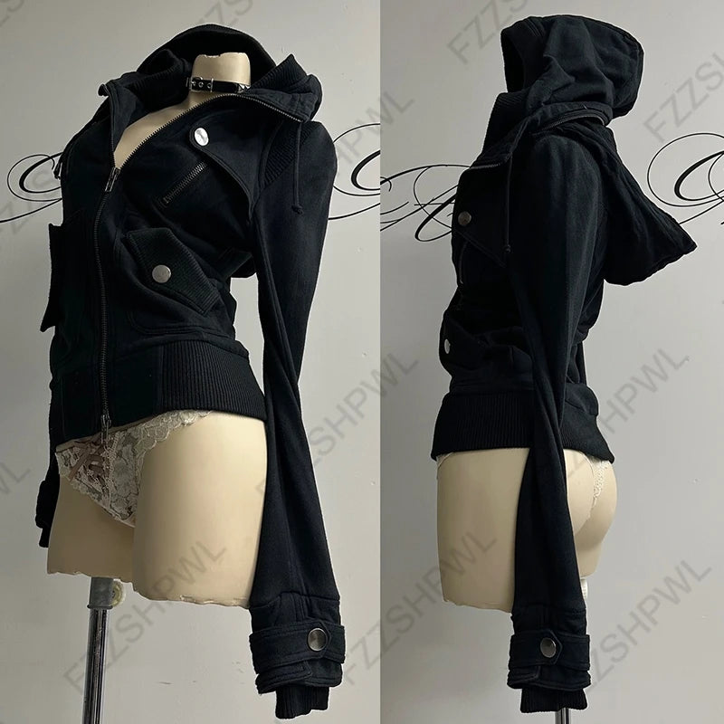 Y2K Harajuku Gothic Women's Hoodie Sexy Slim Chic Suede Fur Collar Letter Print Cardigan Sweatshirt Aesthetic Female Streetwear