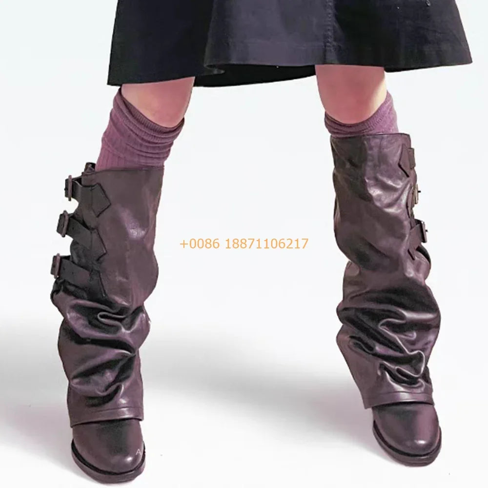 Genuine Leather Round Women's Boots 2024 Street Belt Buckle Solid Color Fashion Casual Trouser Boots Pleated Retro Mid-Calf Boot