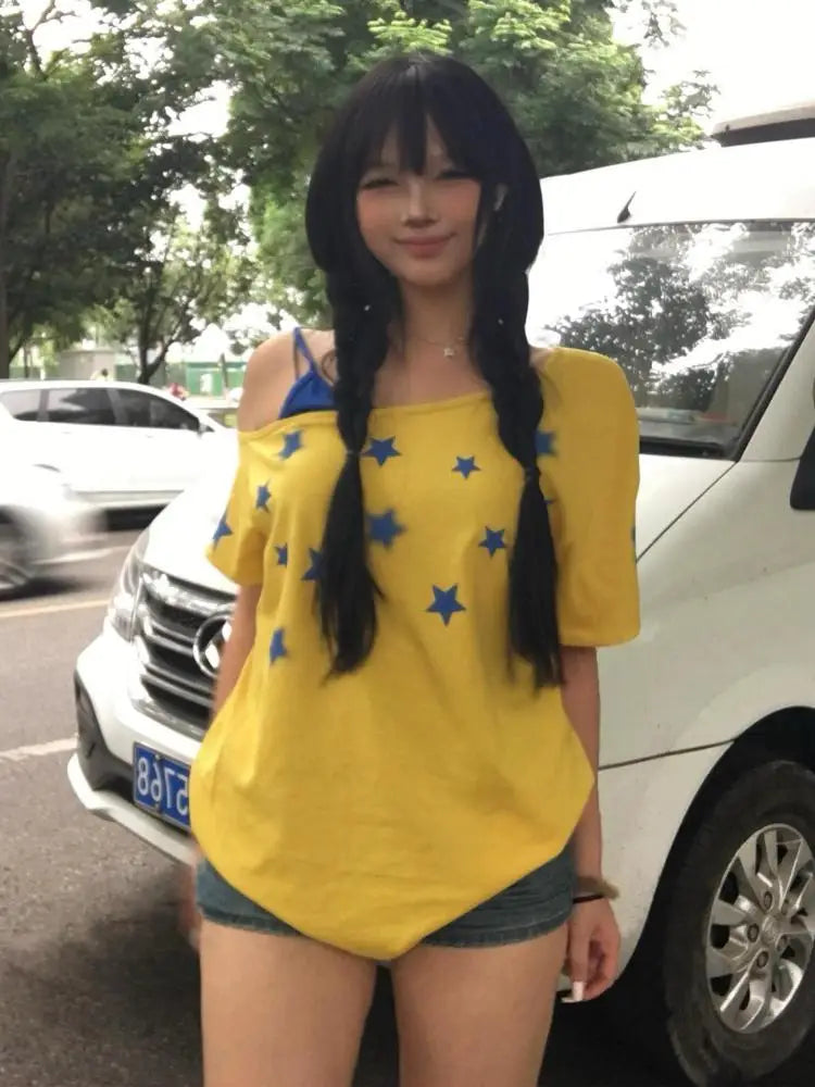 Erwofeina Yellow Patchwork Women's T-shirt Short Sleeve Summer Tops American Retro 2000s