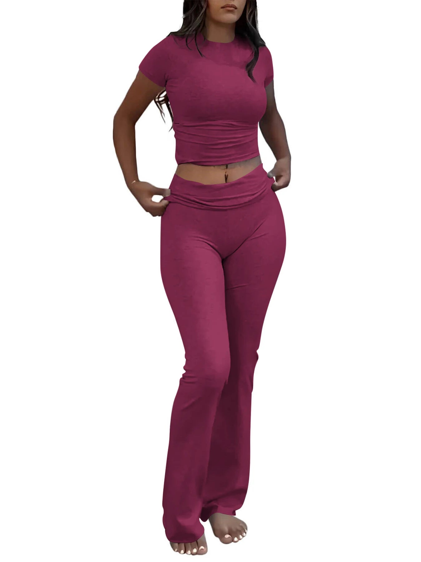 Casual Workout Two Piece Outfits for Women Short Sleeve Crop High Waist Foldover Flare Pants Tracksuit Sets Streetwear